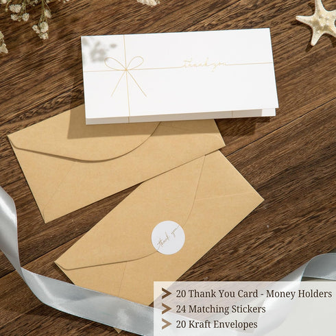 Set 20 20 24 Elegant Ribbon-Style Money Cards with Envelopes - Cards with Gold Foil, Envelopes, Sealing Stickers