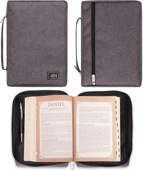 Christian Art Gifts Men/Women's Bible Cover, Jesus Fish, Gray Canvas, Medium