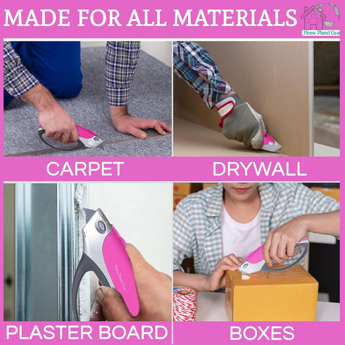 Pack 5 Pink Box Cutter Retractable Utility Knife - Two Heavy Duty Cardboard Carton Cutter Opener Retracting
