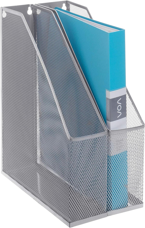 MyGift Silver Wire Mesh Document Holder, Set of 2, Wall Mounted or Desktop Magazine and File Rack