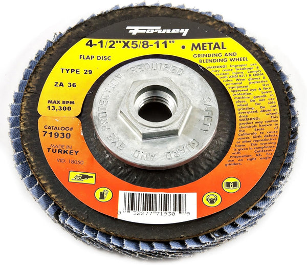 Forney 71933 Flap Disc, Type 29 Blue Zirconia, 120-Grit, 4-1/2-Inch, 5/8-Inch-11 Arbor