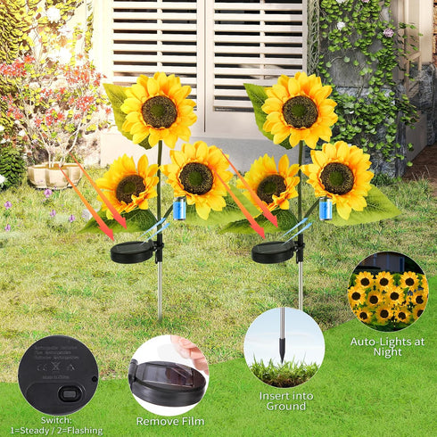 4-Pack 12 Solar Sunflower Garden Decor, LED Flower Stake Lights - Waterproof Long-Lasting Outdoor Solar Patio Decor