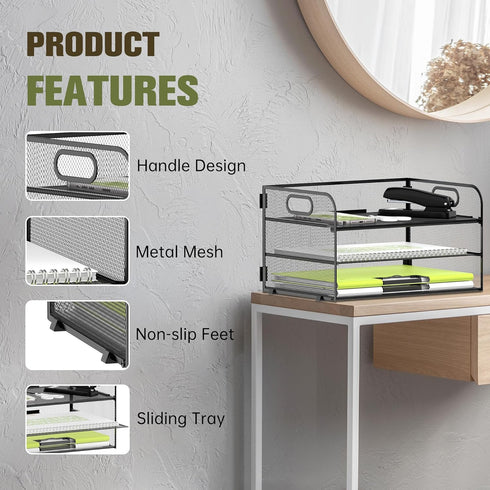 Daltack 3-Tier Paper Organizer - Black Mesh Desk Letter Tray with Handle for A4 File Folder, Paper Organizer