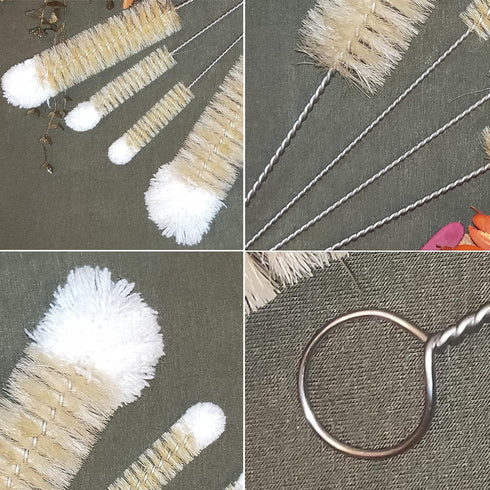 NewFerU Stainless Steel Soda Bottle Cleaning Brush Set with Natural Boar Bristle Wool Tip, Long Handle for Narrow Neck