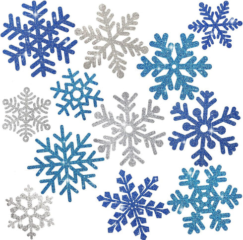 Whaline Snowflake Cut-Outs - 48Pcs Glitter Blue Silver Double-Sided Holiday Cut-Outs with Glue Point for Winter