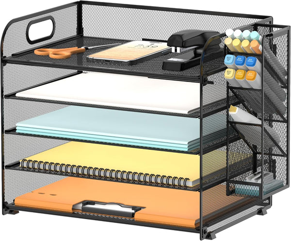SUPEASY 5 Tier Desk Organizer, Mesh Paper/File Organizer with Handle & Removable Pen Holders for Office