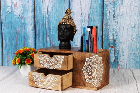Wooden Hand Carved Desk Organizer, Pencil Pen Stationery Holder with 2 Drawers for Home Office