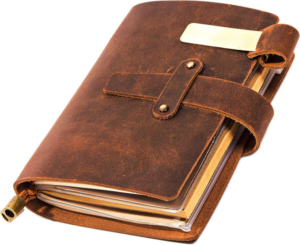 Leather Writing Journal Notebook - Handmade Refillable Travel Diary, 5.3" x 4", 180 Pages, Pen Holder, Card Holder for