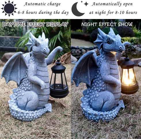 Qobumy Solar Dragon Garden Statue Decoration with Solar Lantern,Dragon Figurine Lights Outdoor Dcor for YardLawn