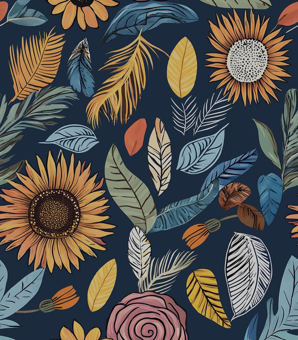 Blue Wallpaper Peel and Stick,Vintage Boho Floral Contact Paper, 17.5" x 393.7"