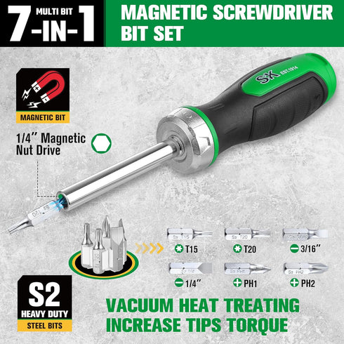 SK 7-in-1 Ratcheting Screwdriver, 216-P, 6 Bits (Phillips, Star, Slotted), 1 Nut Driver Size (1/4 Inch), S2 Steel,