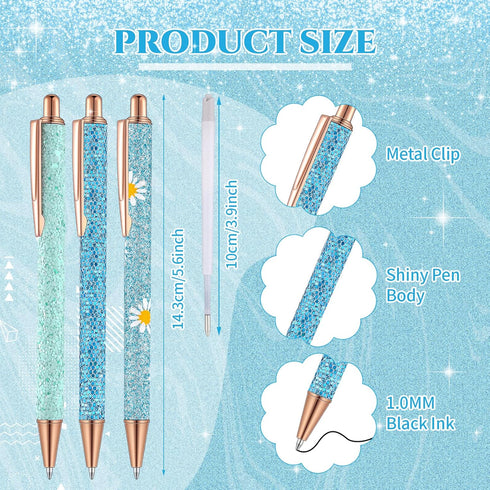 Sherr 7 Pcs Fancy Pens for Women Cute Pens Sparkly Glitter Pens with 10 Pcs Black Ink Refills Pretty Pen Gifts Journaling Pens for Girls Office School Christmas Graduation(Blue, Plain)