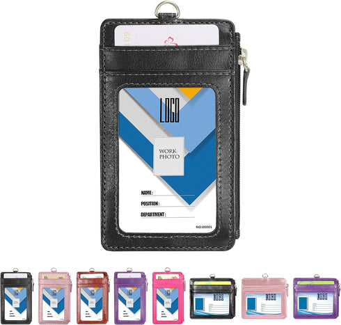 Wisdompro Badge Holder with Zipper, 2-Sided PU Leather College ID Holder, 1 ID Window, 4 Card Slots, Black