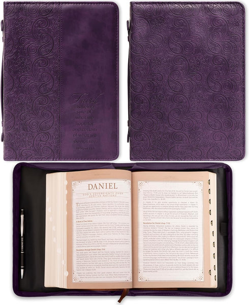 Christian Art Gifts Women's Fashion Bible Cover Faith Hebrews 11:1, Purple Paisley Faux Leather, XL