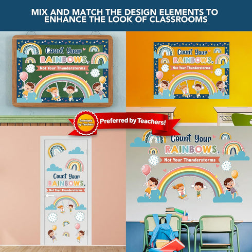 Decorably 54 Pcs Boho Bulletin Board Decorations with Borders - Rainbow Classroom Decor, Boho Rainbow Bulletin Board