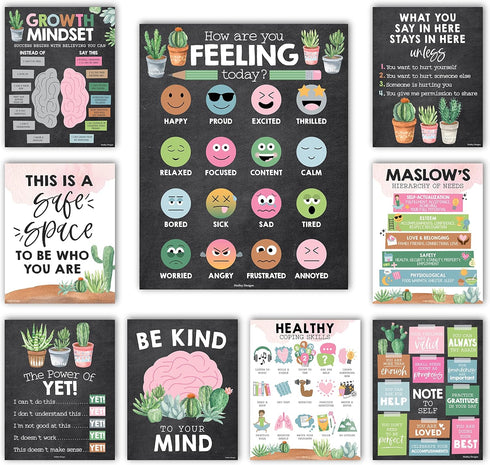 Hadley Designs 9 Cactus Mental Health Posters for Classroom, School Counselor Office Decor, Calm Corner