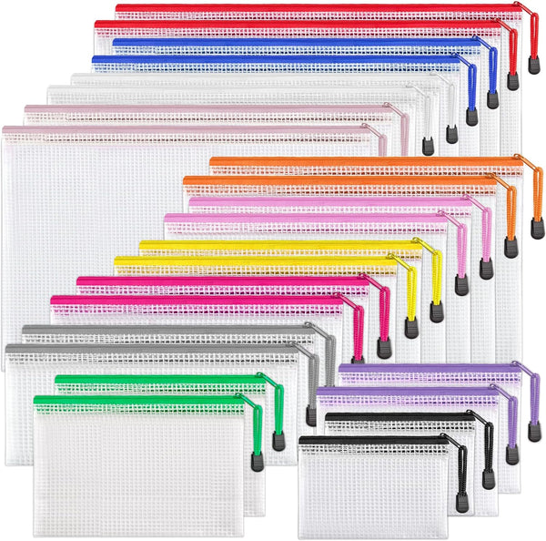 JARLINK 24pcs Waterproof Mesh Zipper Pouch - 12 Colors, 8 Sizes Organization Pouches for School Supplies, Office