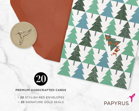 Papyrus Petite Holiday Christmas Cards Boxed, Glitter Pine Trees with Santa (20-Count)