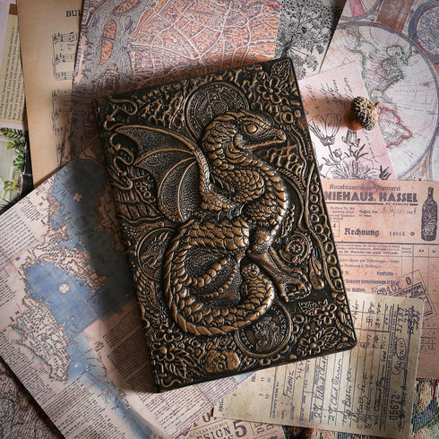 Unlined Journal - A5 Blank Sketchbook with Dragon Brass 3D-Embossed Art Pattern, 8.4" x 5.7", 100 Sheets, 200 Pages,