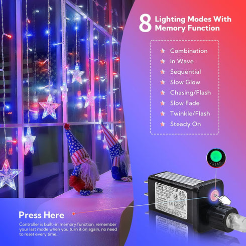 4th String,11.5ft 118LED 8 of July Patriotic Star Icicle Lights,red White and Blue Curtain Waterproof Modes with Timer