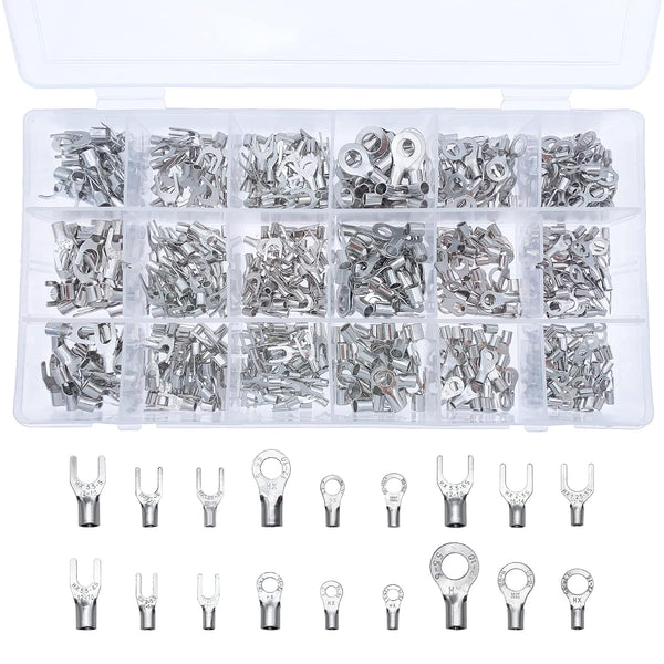 600 Pcs Non-Insulated Crimp Terminal, 22-10 AWG Tin-Plated Copper Ring Fork Terminals Electrical Wire Connector Kit