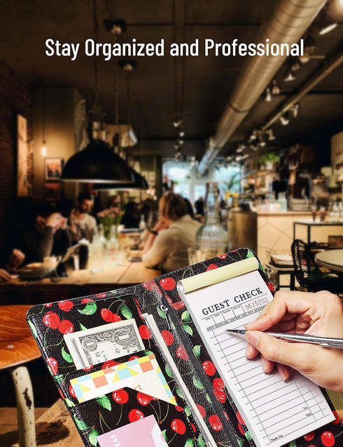 4.7 9 Mymazn X Cherry Server Book with Zipper Pocket Bling Waitress Book with Money Pocket and Magnetic Closure