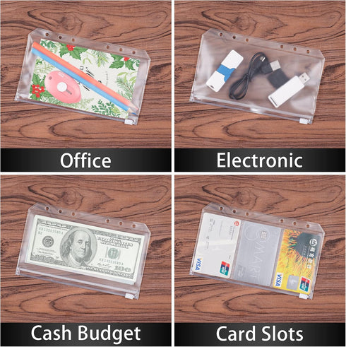 HAUTOCO 15PCS A6 Binder Pockets - 6-Hole Budget Envelopes Planner Inserts for A6 6-Ring Binders, Clear PVC Zipper Pouch