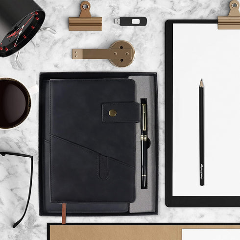 Black A5 Lined Leather Journal Notebook, Personalized Hardcover Set with Pen & Gift Box, 100 Pages for Daily Diary