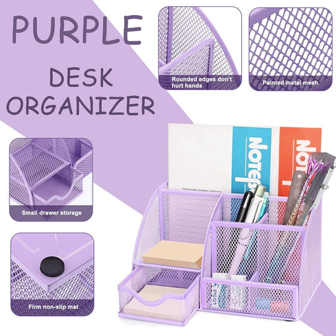 Purple Office Desk Accessories Supplies, 12-Piece Set with Desk Organizers, Tape Dispenser, Stapler, Scissors, Ruler,