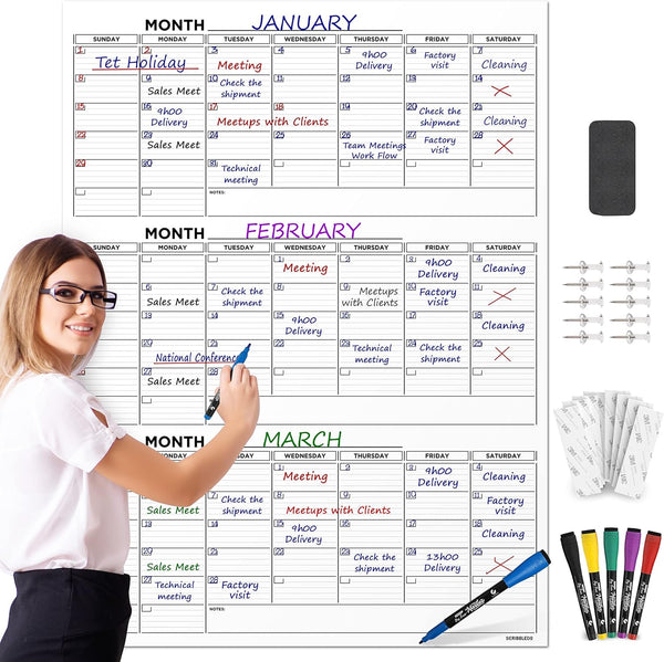 Large 36"x48" Quarterly White Board Calendar, Dry Erase Wall Calendar for 3 Month Planning with Markers and Eraser