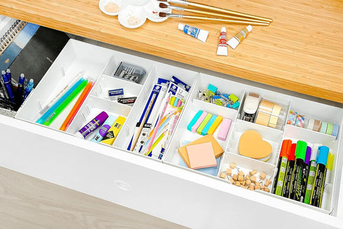 CAXXA 3 Slot Drawer Organizer, White - 4 Adjustable Dividers for Junk Drawer Storage, Office Desk Supplies