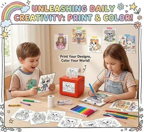 Chamii Set 12 3-12 AI Voice Mini Printer & DIY Art Kit for Kids - Inkless Thermal Instant Art with Coloring pens - Fun
