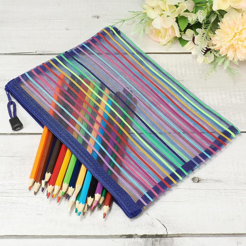 MECCANIXITY Mesh Zipper Pouches, A5 Colorful Pencil Case Storage Organizer, Blue Pack of 6