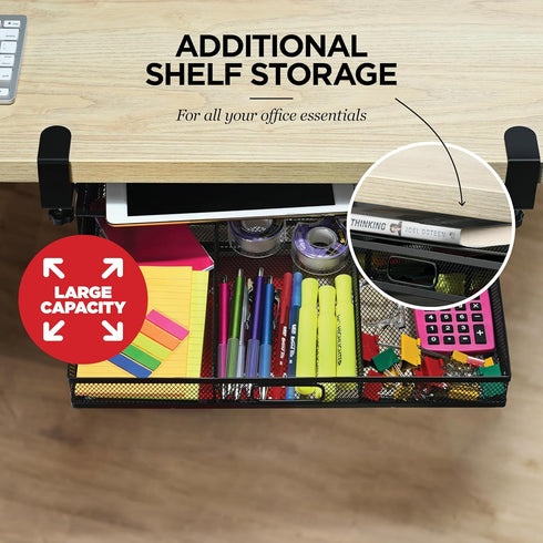 Under Desk Drawer Organizer Clamp-On, Mesh Metal Attachment, 1 Drawer Slide Out for Office Supplies & Home Essentials
