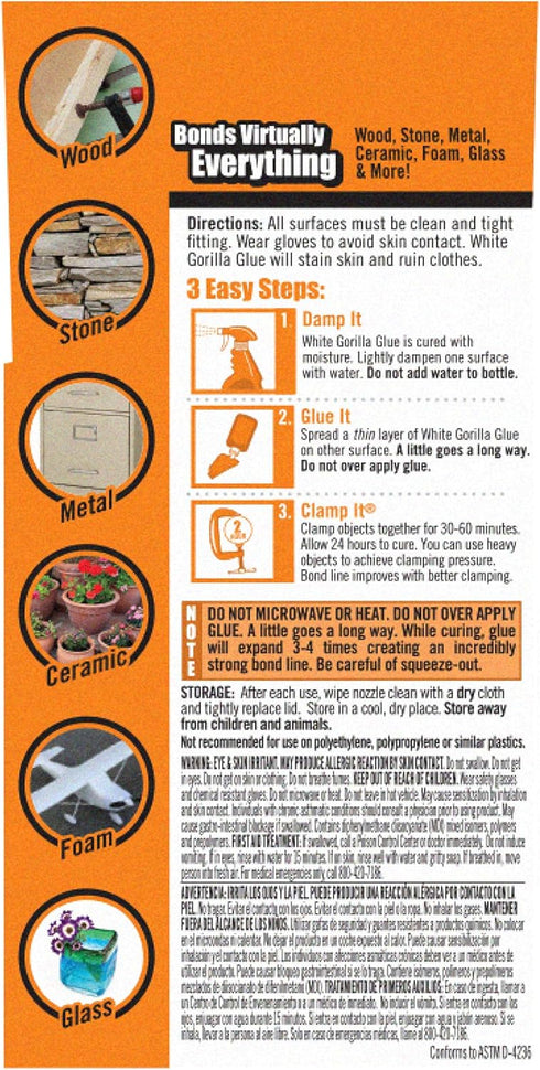 Gorilla White Gorilla Glue, Waterproof Polyurethane Glue, 2 Ounce Bottle