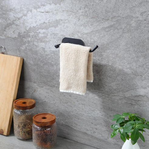 Hand Towel Holder, 2 Packs Black Self Adhesive Towel Bar, 6 3/10 Inch Towel Rack/Ring for Bathroom Kitchen