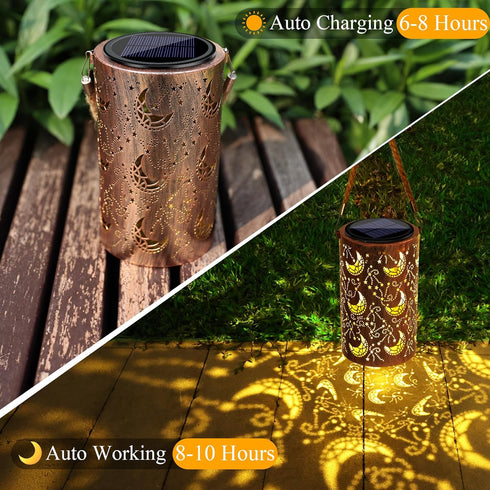 Toodour Solar Lantern Outdoor, Hanging Solar Outdoor Lights Garden Decor, Waterproof Hollow Out Retro Metal Moon