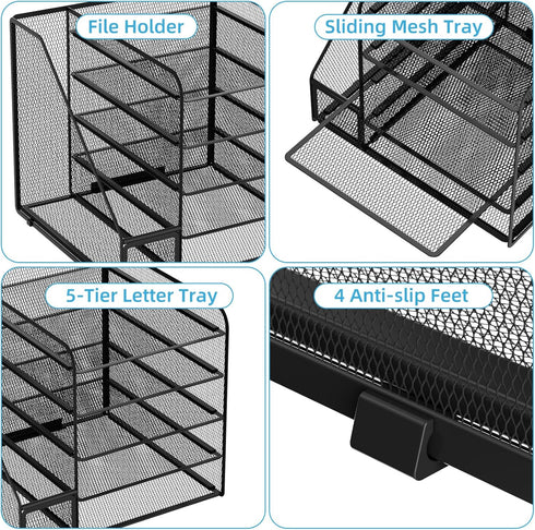 Marbrasse Desk Organizers, Black 5-Tier Paper Letter Tray Organizer with File Holder for Office Desk Accessories