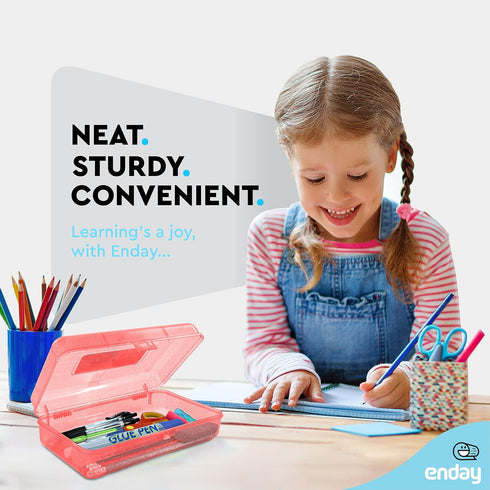 Enday Plastic Pencil Box with Snap Closure Lids Red, Small Utility Storage Crayon School and Office Supplies Case Organizer, Also Available in Glitter Pink, Purple, Blue, Green and Grey, 1 Pc by Enday