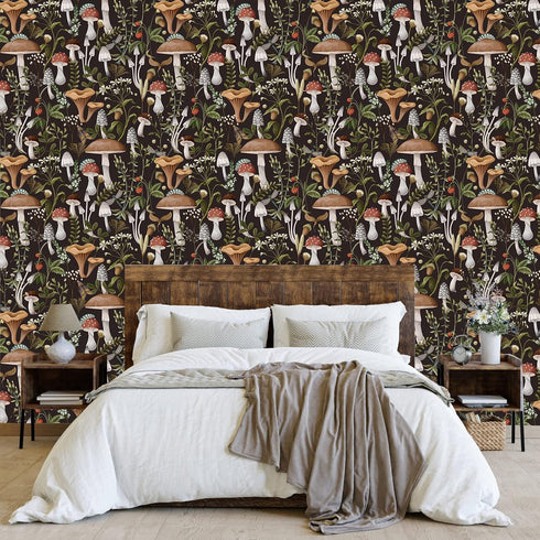HAOKHOME 93279 Peel and Stick Wallpaper Boho Mushroom Removable Stick on Forest Contact Paper for Bathroom Black/Brown/Green 17.7in x 9.8ft by HAOKHOME
