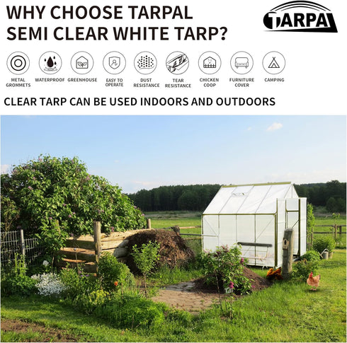 12'x20' Grommets 7.5mil TARPAL Semi Clear White Tarp Waterproof Green House Cover with Clear Poly tarps