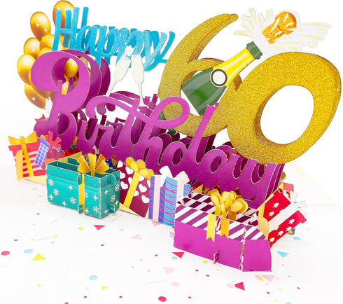 Liif Happy 60th Birthday 3D Greeting Pop Up Card, Funny Birthday Card for Women, Men, Celebration with Gold Glitter