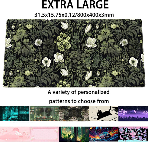 DSKGSJH 31.5 15.75 Dark Green Floral Plants XXL Gaming Mousepad & Desk Pad - Nature Leaf Flower Laptop Keyboard Mat x