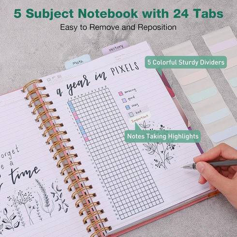 Spiral Notebook, 5 Subject College Ruled with Dividers, 250 Page Leather Journal for Work School, Large B5 Green