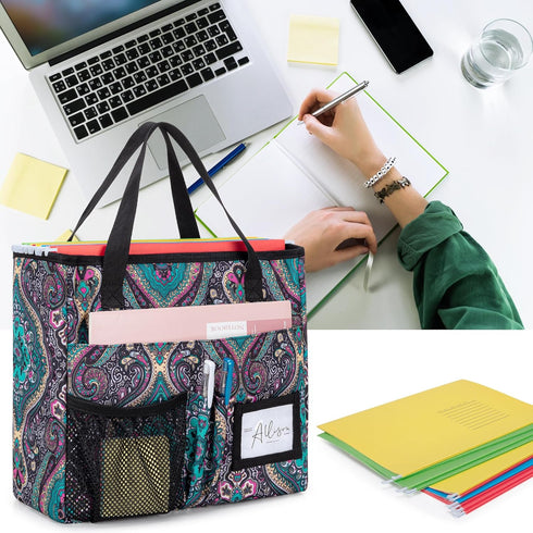 LoDrid Foldable File Tote Bag with Handles, Portable Organizer Box with 3 Built-in Boards for Letter Size Files,