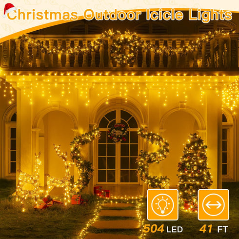 504LED 41FT, 8Modes Ollny Icicle Lights for Outside Warm White Christmas Light with Remote Timers Waterproof, Plug