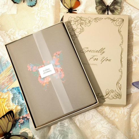 Embroidered A5 Hardcover Journal for Women, College Ruled Notebook with Gift Box, Butterfly Floral Design for Writing