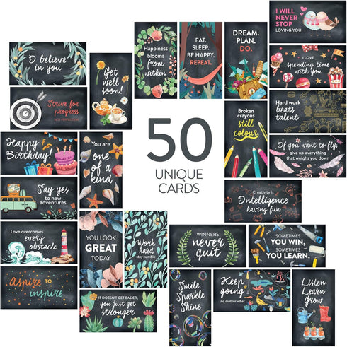 DIVERSEBEE 50 Pack Inspirational Cards - Motivational Kindness Mini Note Cards with 50 Unique Quotes