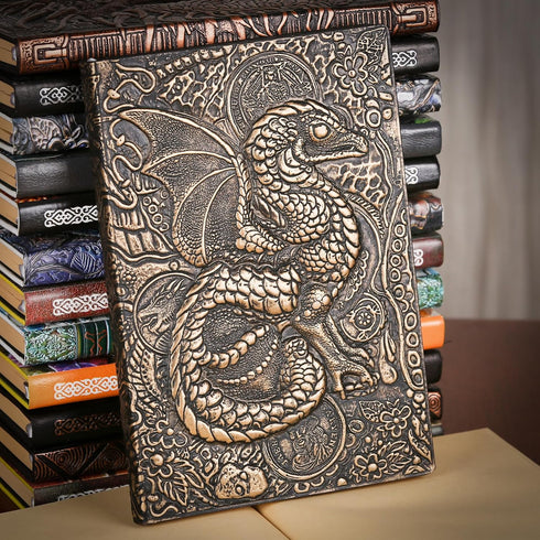 Unlined Journal - A5 Blank Sketchbook with Dragon Brass 3D-Embossed Art Pattern, 8.4" x 5.7", 100 Sheets, 200 Pages,