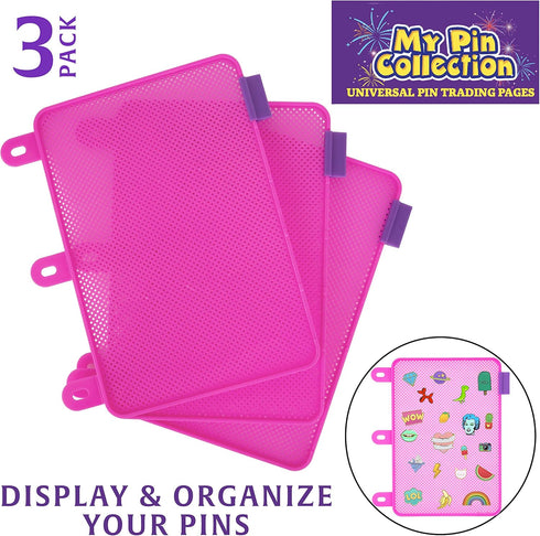 Enamel Pin Display Pages (3 PK) for Disney Collectible Pins in Any 3-Ring Binder, Lay Flat with Pinbacks (Pink)